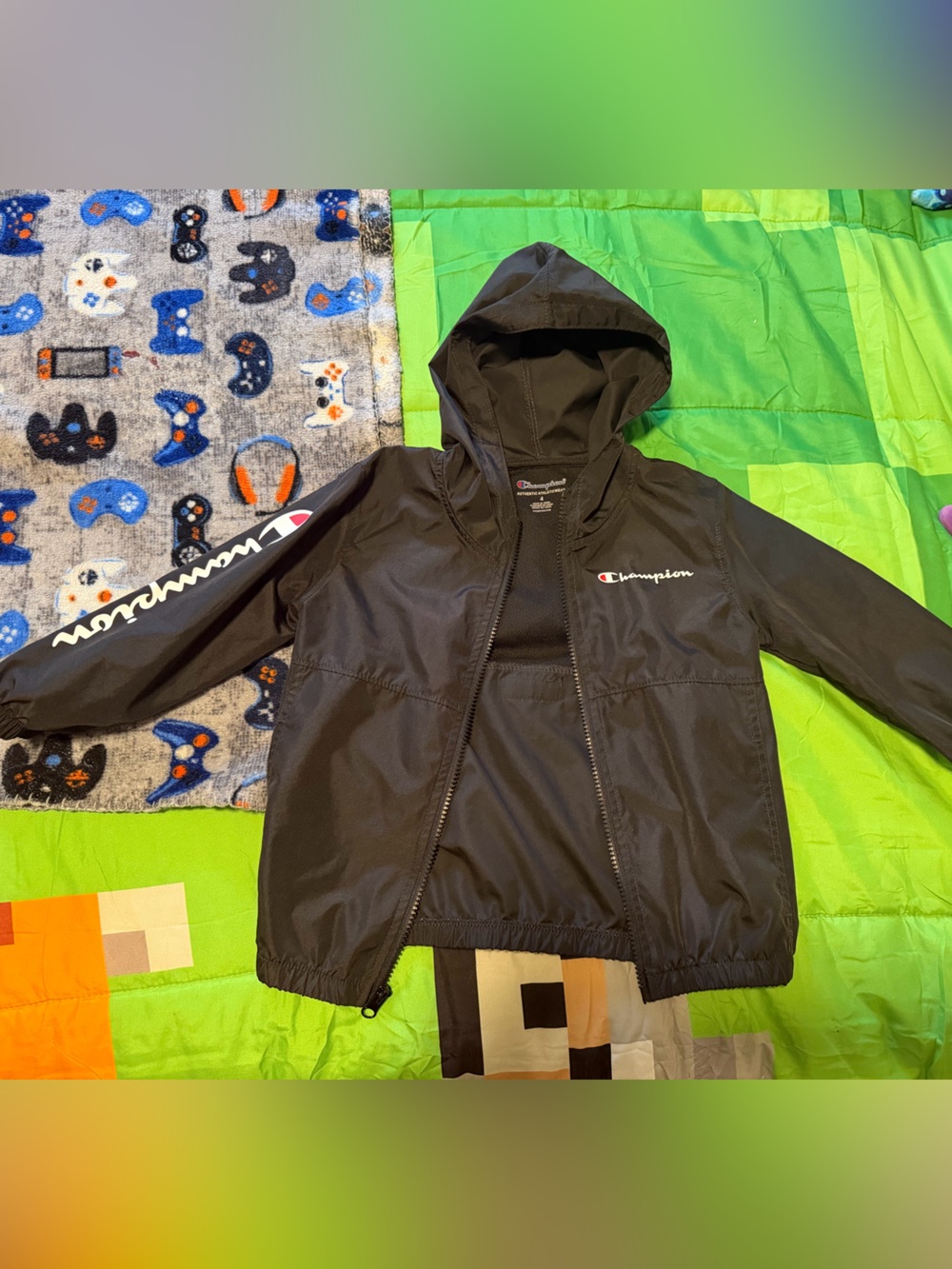 Champion Black Hooded Kids Rain Jacket with Logo Sleeve